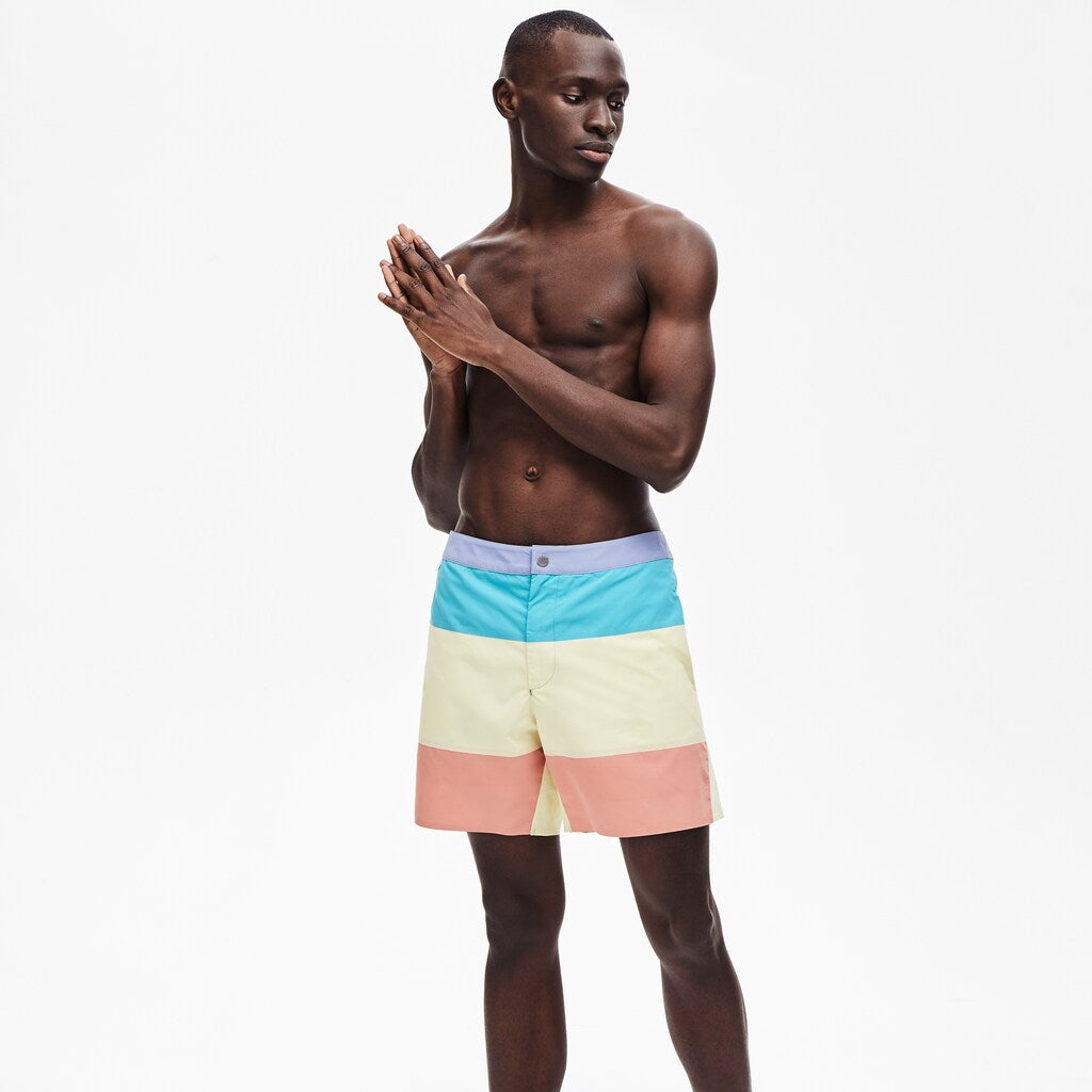 Mens   Striped Colorblock Quick-Dry Swim Shorts | Lacoste Purple / Yellow / Pink / Turquoise • Tcb