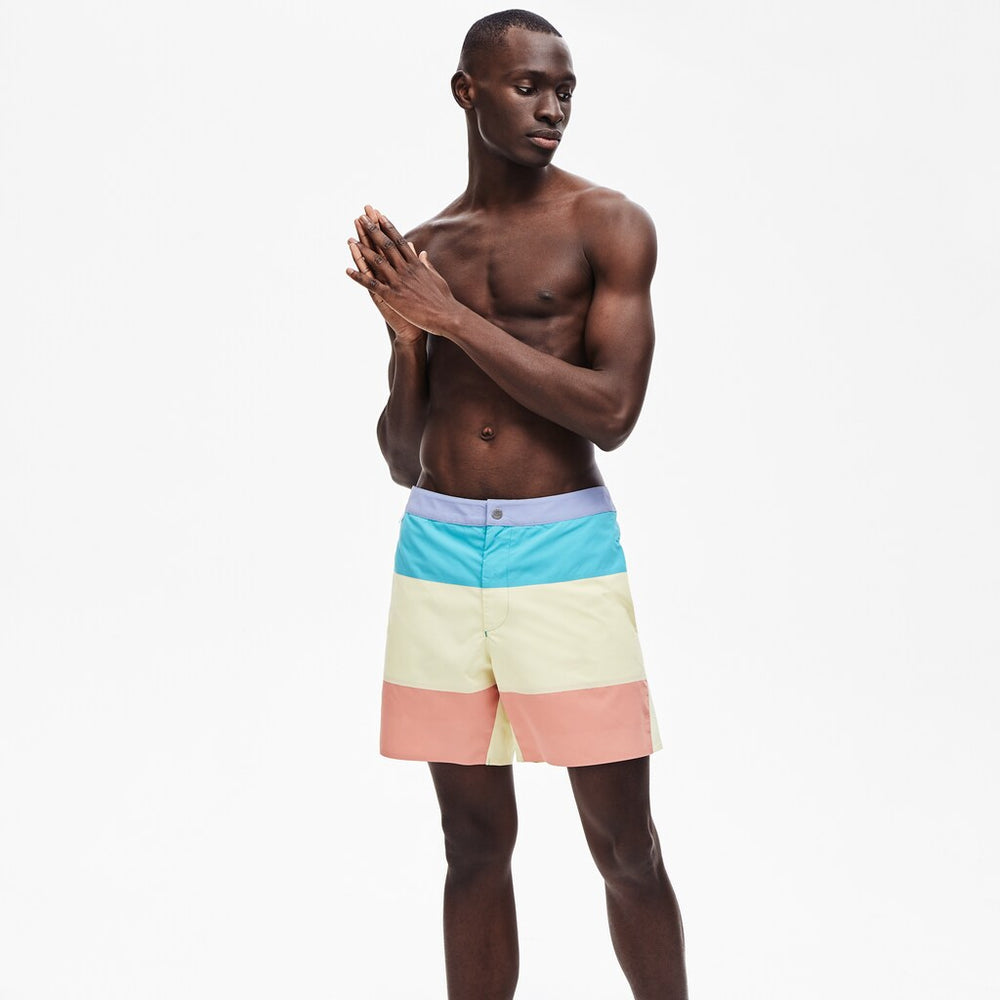 Mens   Striped Colorblock Quick-Dry Swim Shorts | Lacoste Purple / Yellow / Pink / Turquoise • Tcb