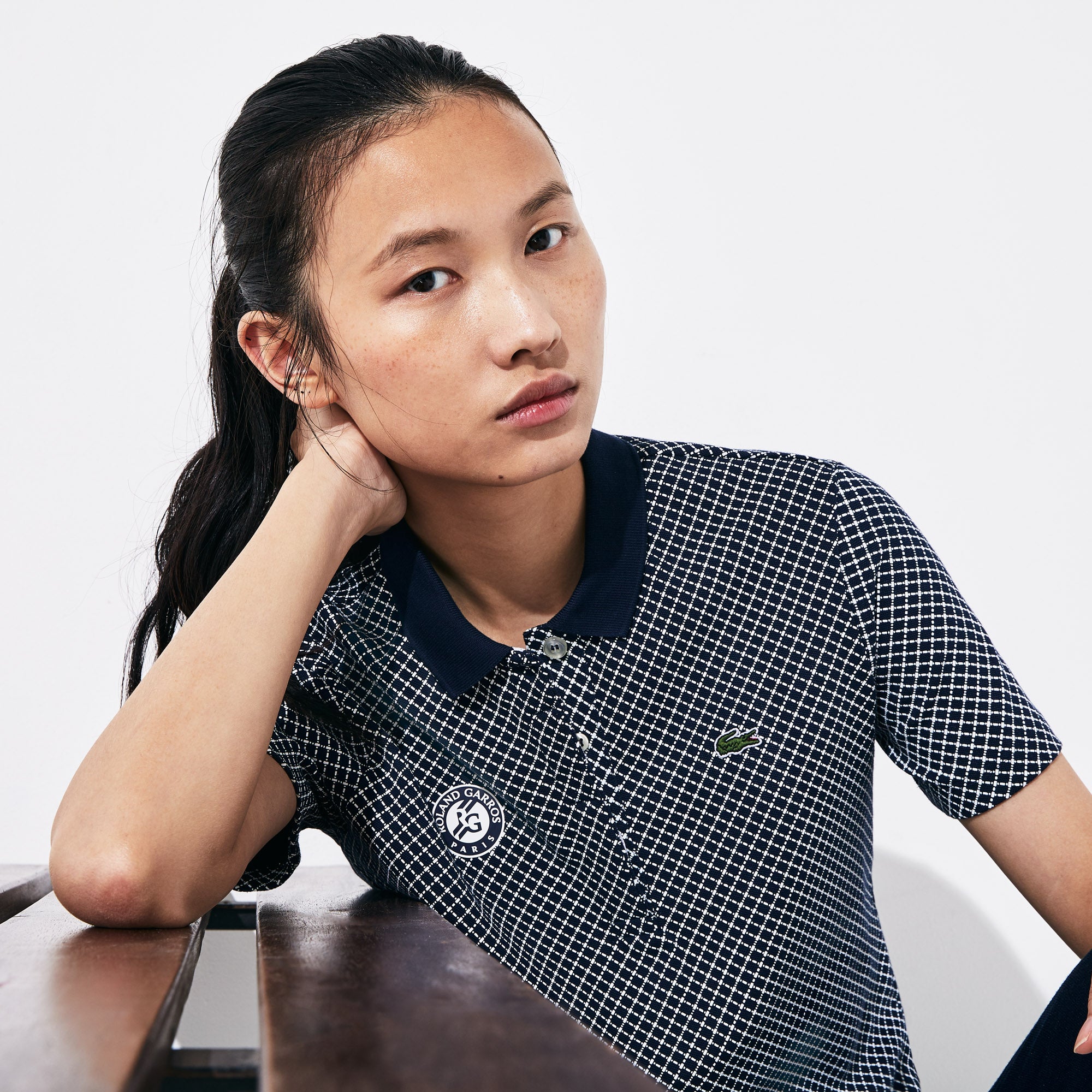 Womens Wo  SPORT Roland Garros Printed Cotton Polo Shirt | Lacoste Navy Blue / White / Green • Mn3