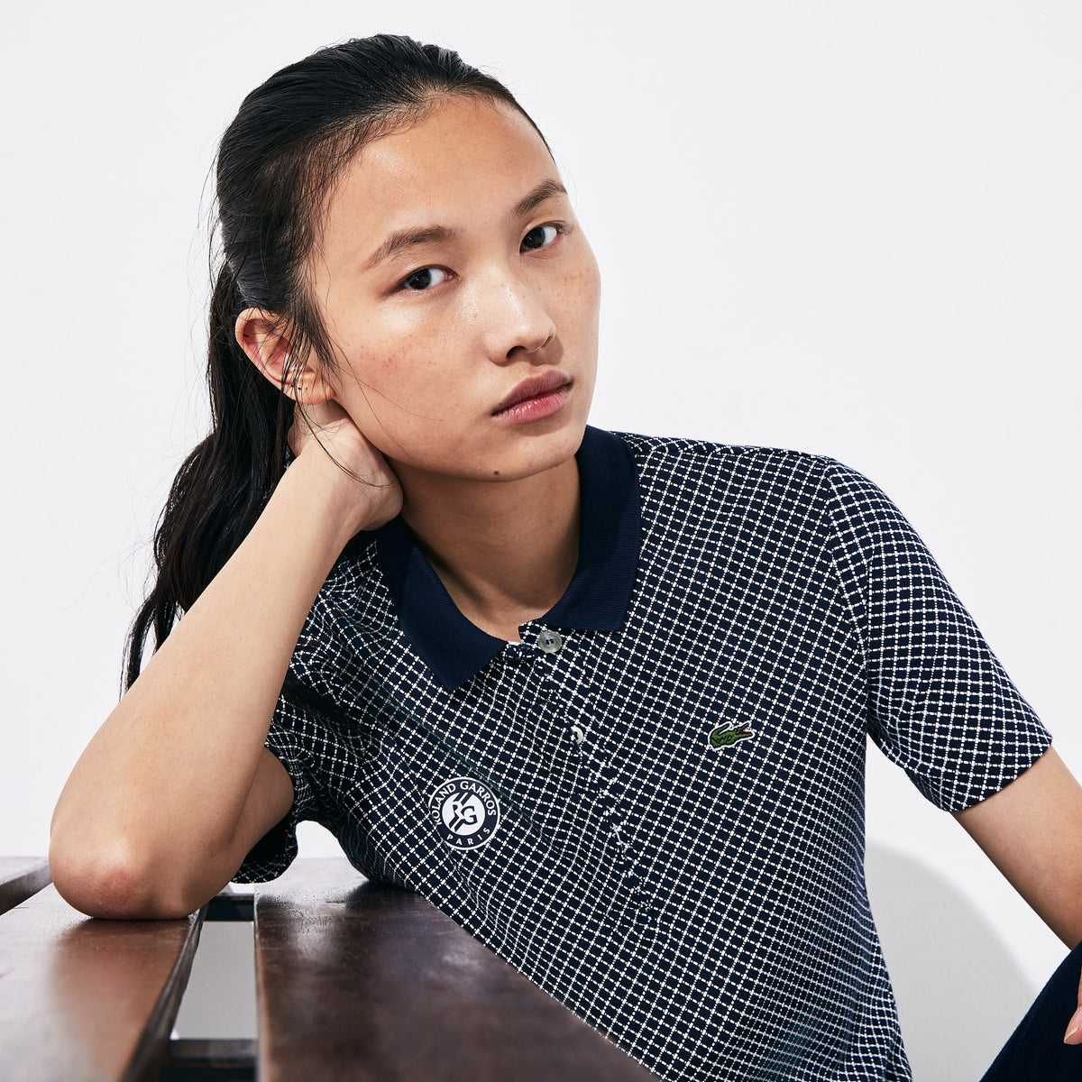 Womens Wo  SPORT Roland Garros Printed Cotton Polo Shirt | Lacoste Navy Blue / White / Green • Mn3
