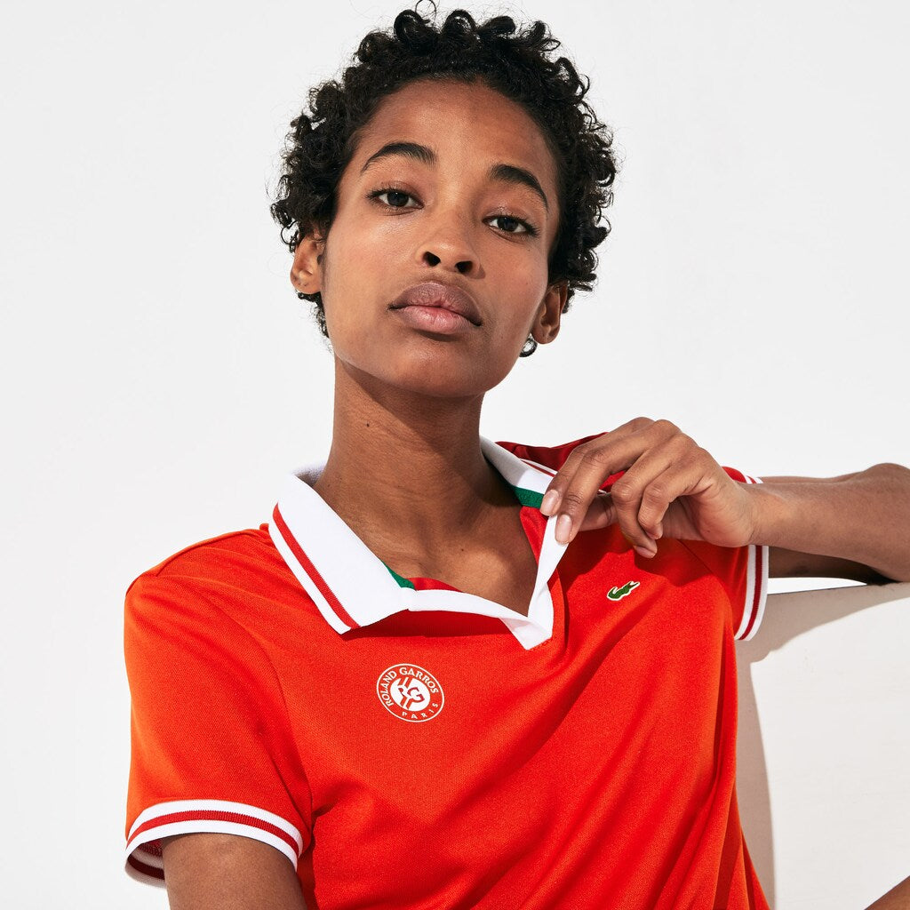 Womens Wo  SPORT Roland Garros Breathable V-Neck Polo Shirt | Lacoste Red / White / Green • Ymf