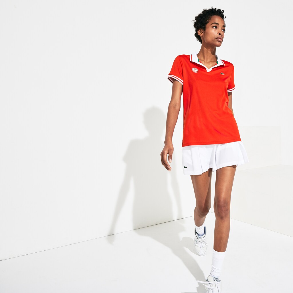 Womens Wo  SPORT Roland Garros Breathable V-Neck Polo Shirt | Lacoste Red / White / Green • Ymf