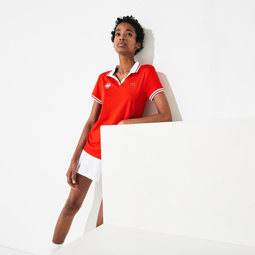 Womens Wo  SPORT Roland Garros Breathable V-Neck Polo Shirt | Lacoste Red / White / Green • Ymf