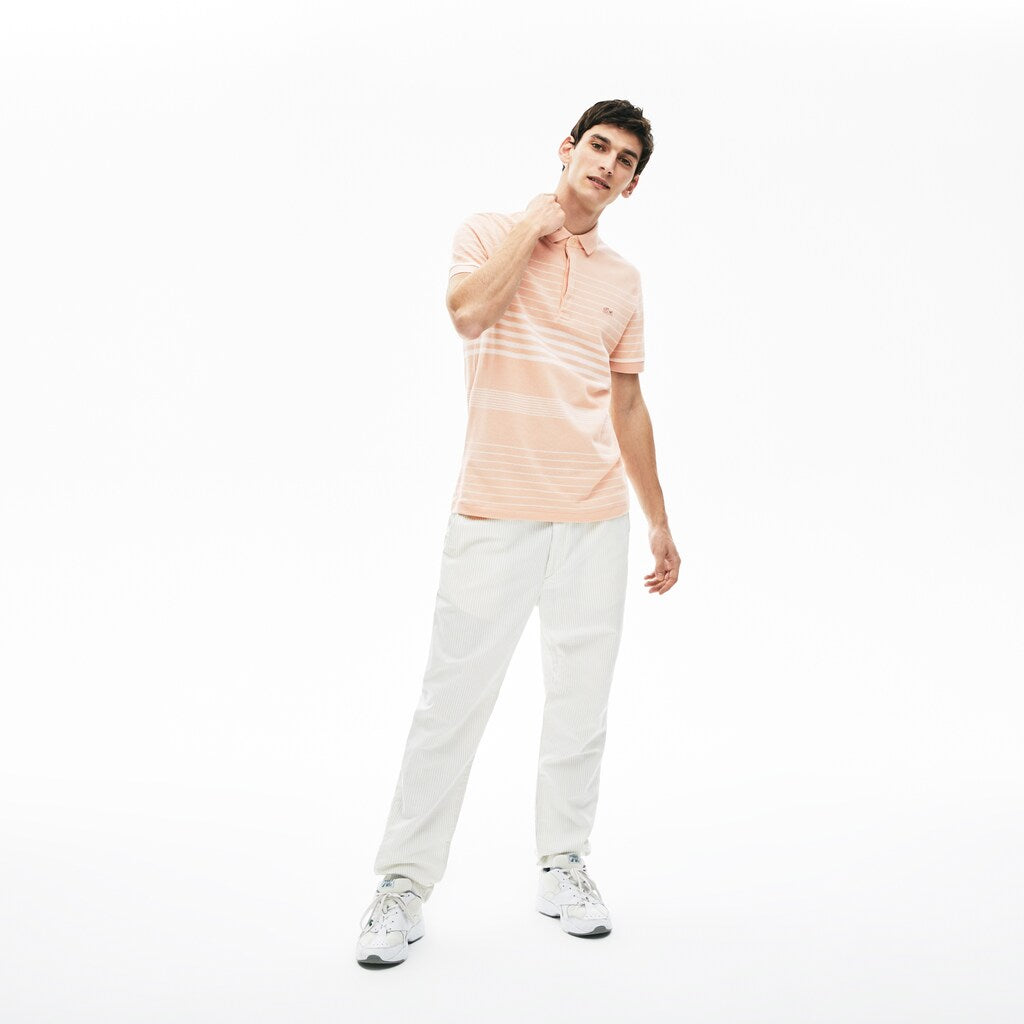 Mens   Striped Linen And Cotton Regular Fit Polo Shirt | Lacoste Light Pink / White • Kt3