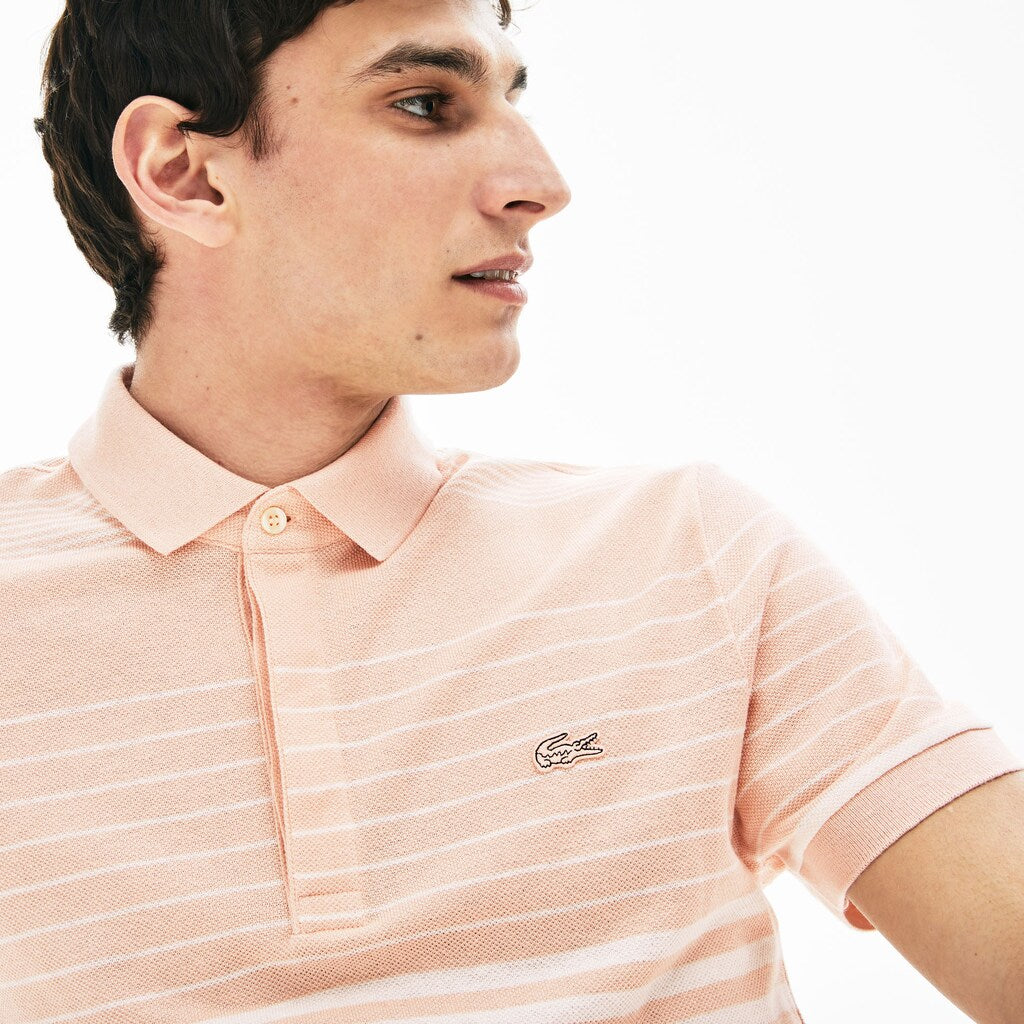Mens   Striped Linen And Cotton Regular Fit Polo Shirt | Lacoste Light Pink / White • Kt3