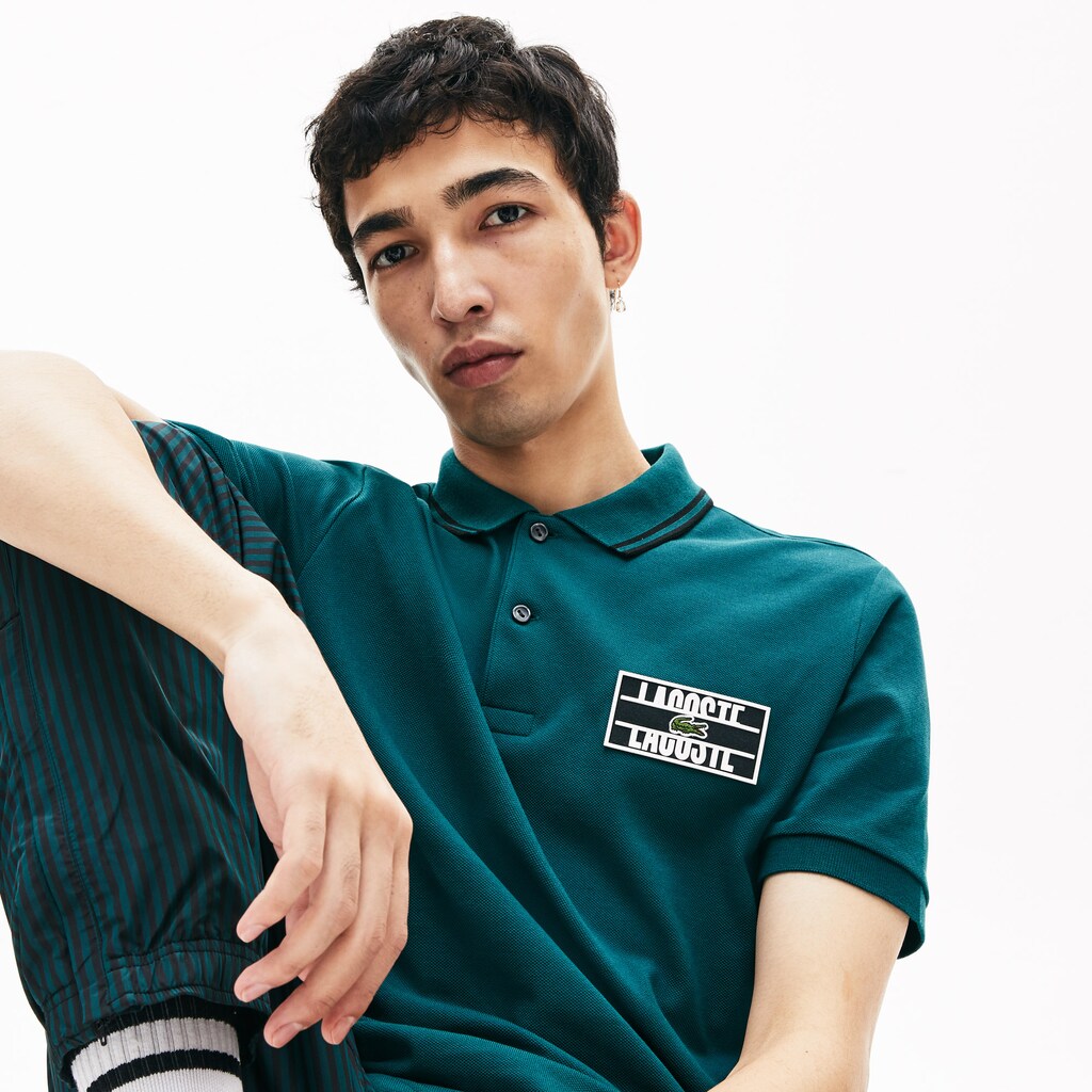 Mens   LIVE Striped-Collar Cotton Piqué Polo Shirt | Lacoste Green / Black • Ur8