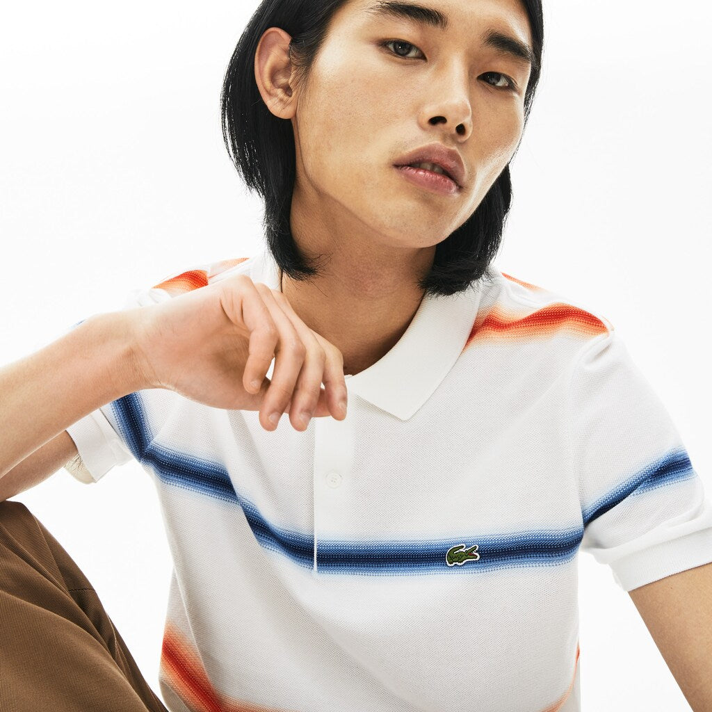 Mens   Made in France Regular Fit Cotton Piqué Polo Shirt | Lacoste White / Navy Blue / Red • Rxt