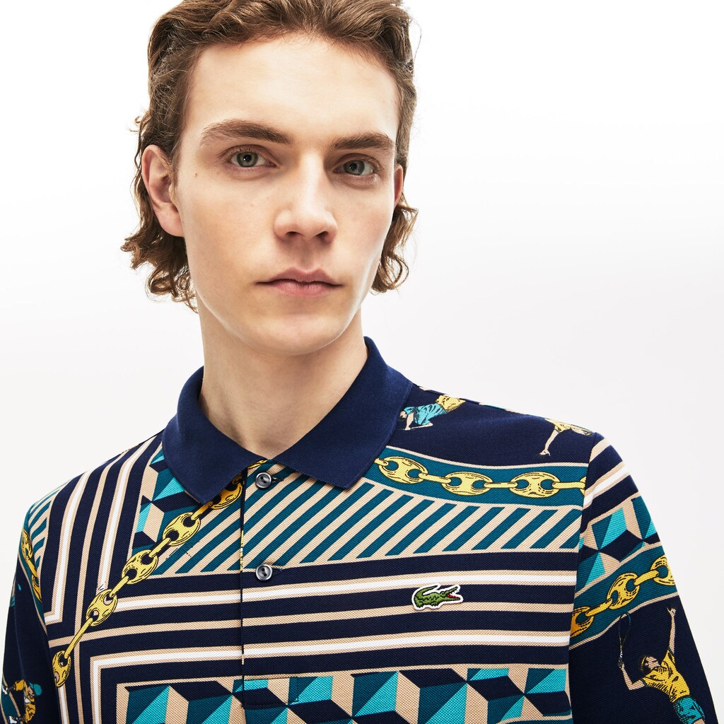Mens   LIVE Scarf-Print Cotton Piqué Polo Shirt | Lacoste Navy Blue / White • Qrn