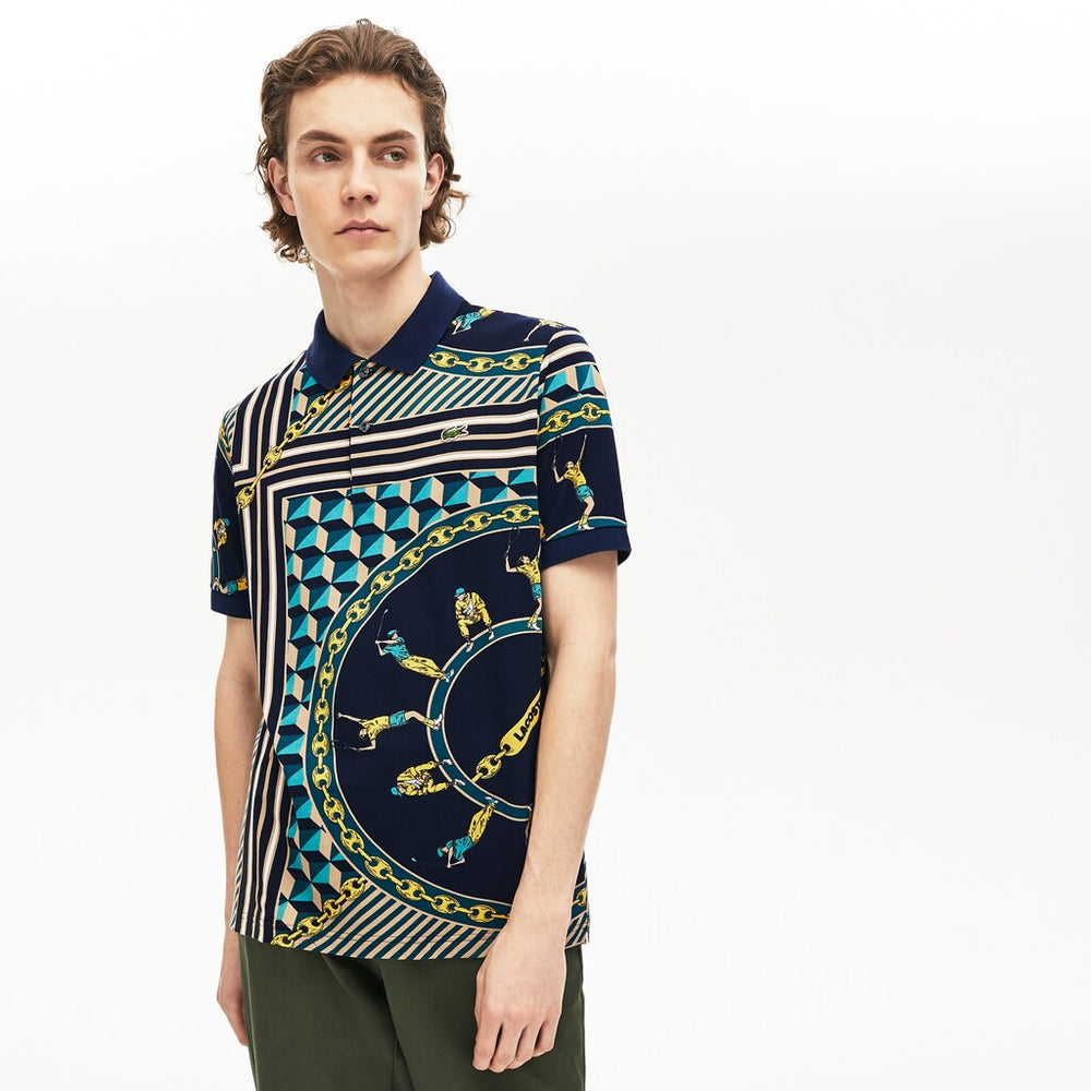 Mens   LIVE Scarf-Print Cotton Piqué Polo Shirt | Lacoste Navy Blue / White • Qrn