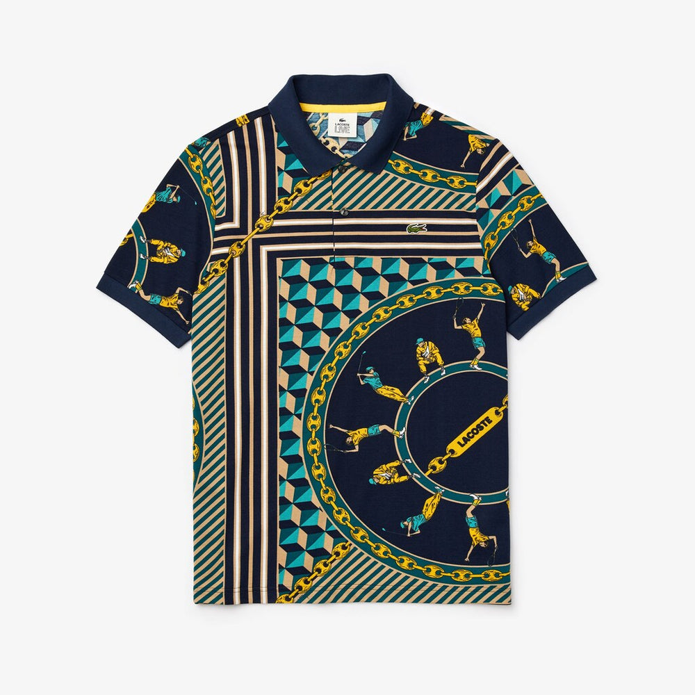 Mens   LIVE Scarf-Print Cotton Piqué Polo Shirt | Lacoste Navy Blue / White • Qrn