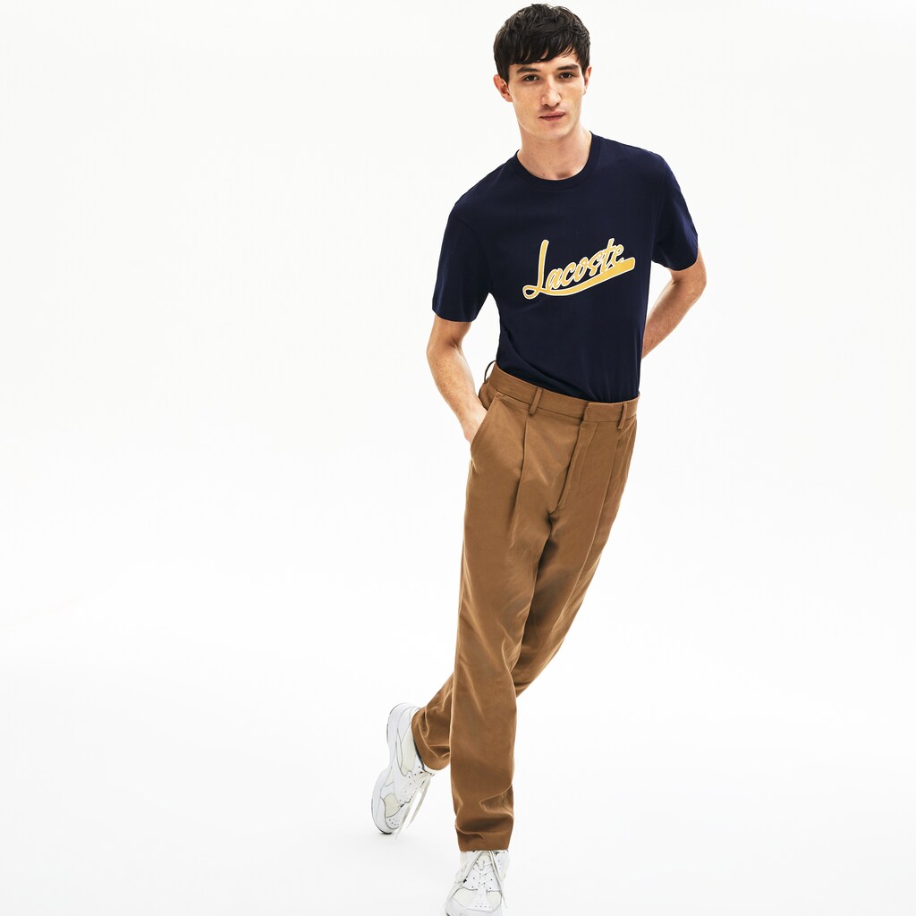 Mens   Regular Fit Script Crew Neck Cotton Tee | Lacoste Navy Blue • 166