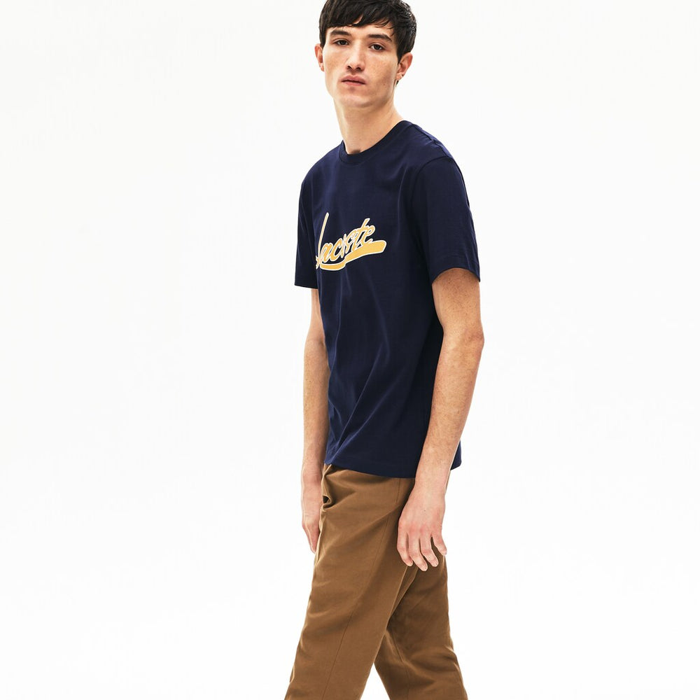 Mens   Regular Fit Script Crew Neck Cotton Tee | Lacoste Navy Blue • 166