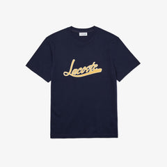 Mens   Regular Fit Script Crew Neck Cotton Tee | Lacoste Navy Blue • 166