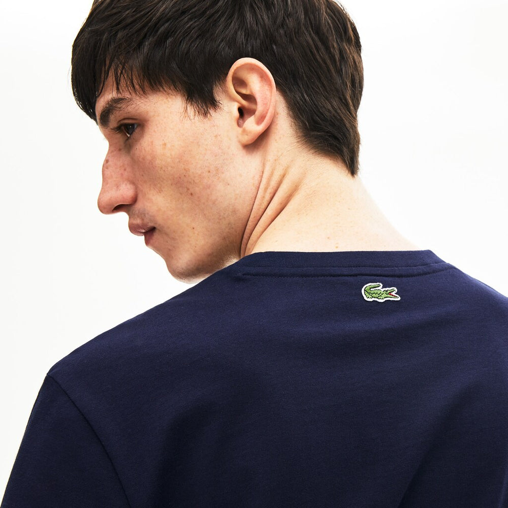 Mens   Regular Fit Script Crew Neck Cotton Tee | Lacoste Navy Blue • 166