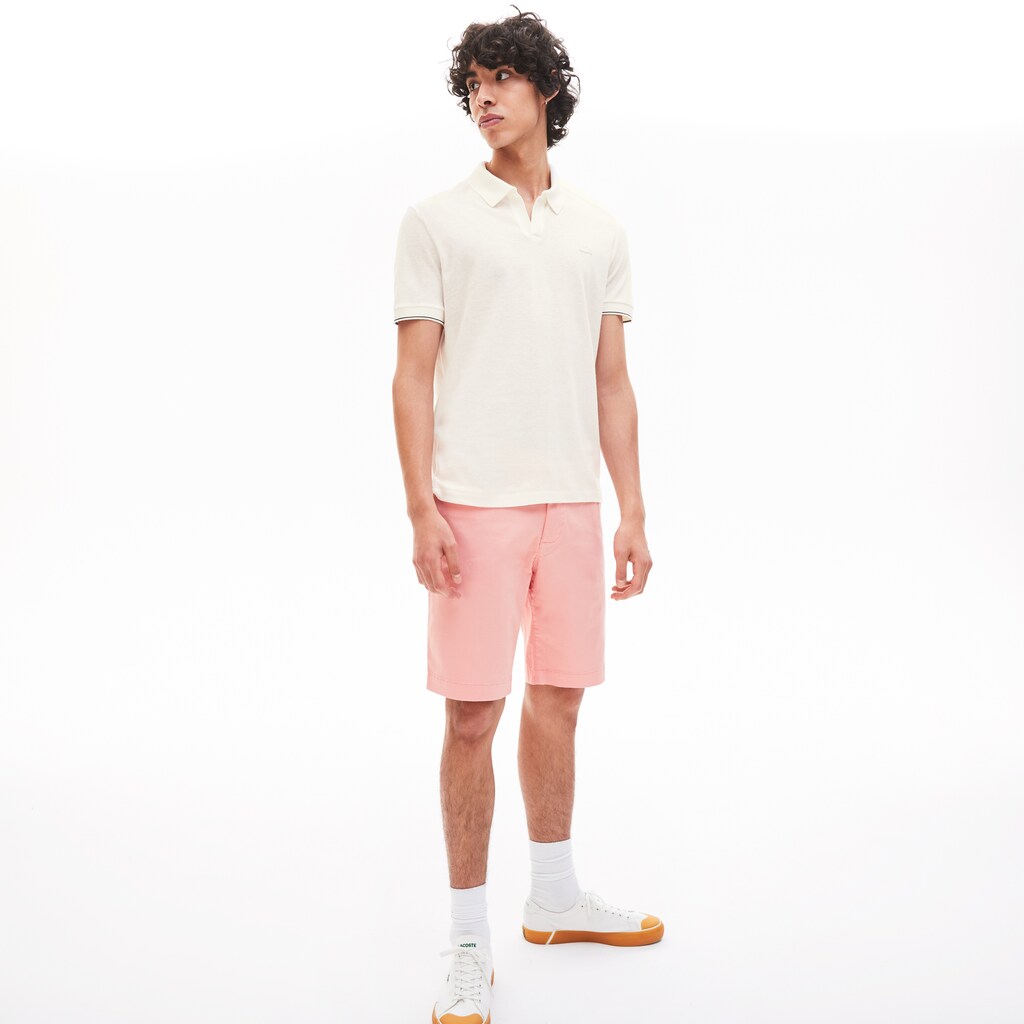 Mens   Tunisian Collar Linen And Cotton Regular Fit Polo Shirt | Lacoste White / Black • 8Lp
