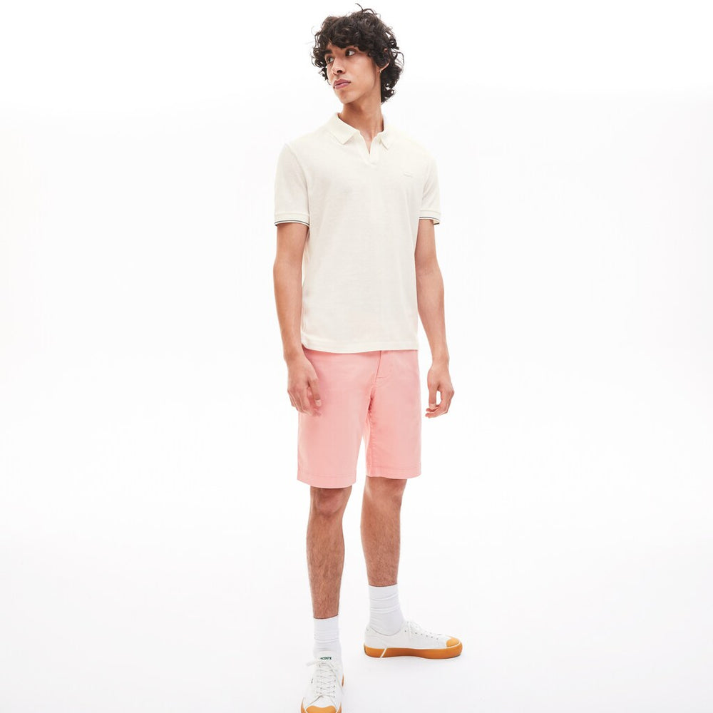 Mens   Tunisian Collar Linen And Cotton Regular Fit Polo Shirt | Lacoste White / Black • 8Lp