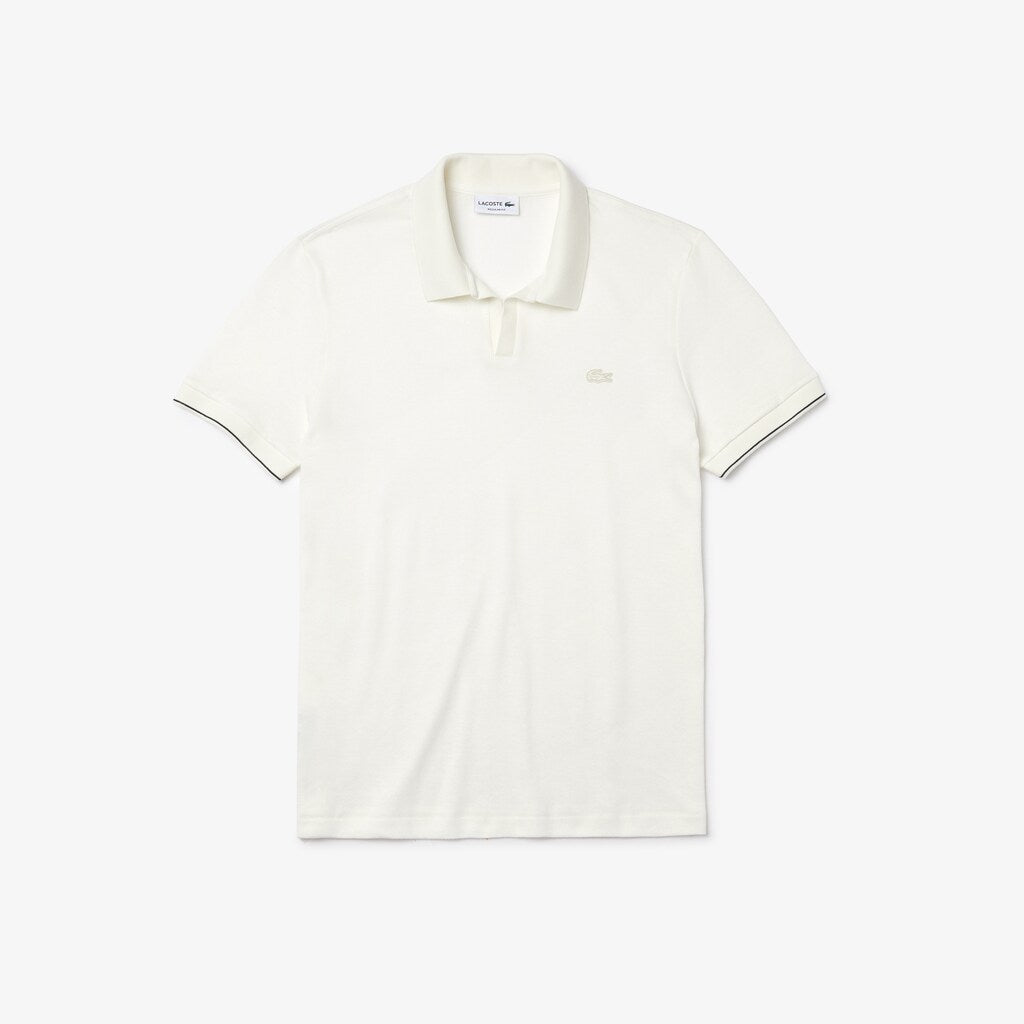Mens   Tunisian Collar Linen And Cotton Regular Fit Polo Shirt | Lacoste White / Black • 8Lp