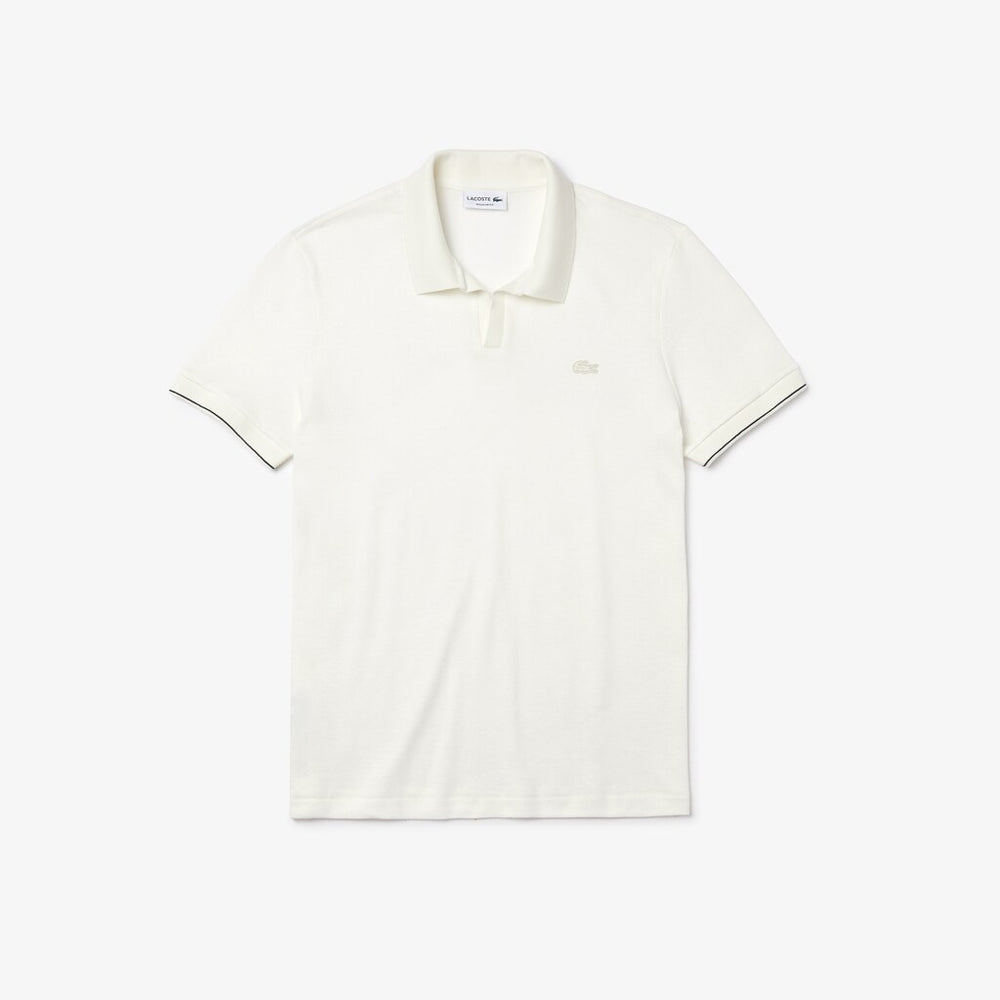 Mens   Tunisian Collar Linen And Cotton Regular Fit Polo Shirt | Lacoste White / Black • 8Lp