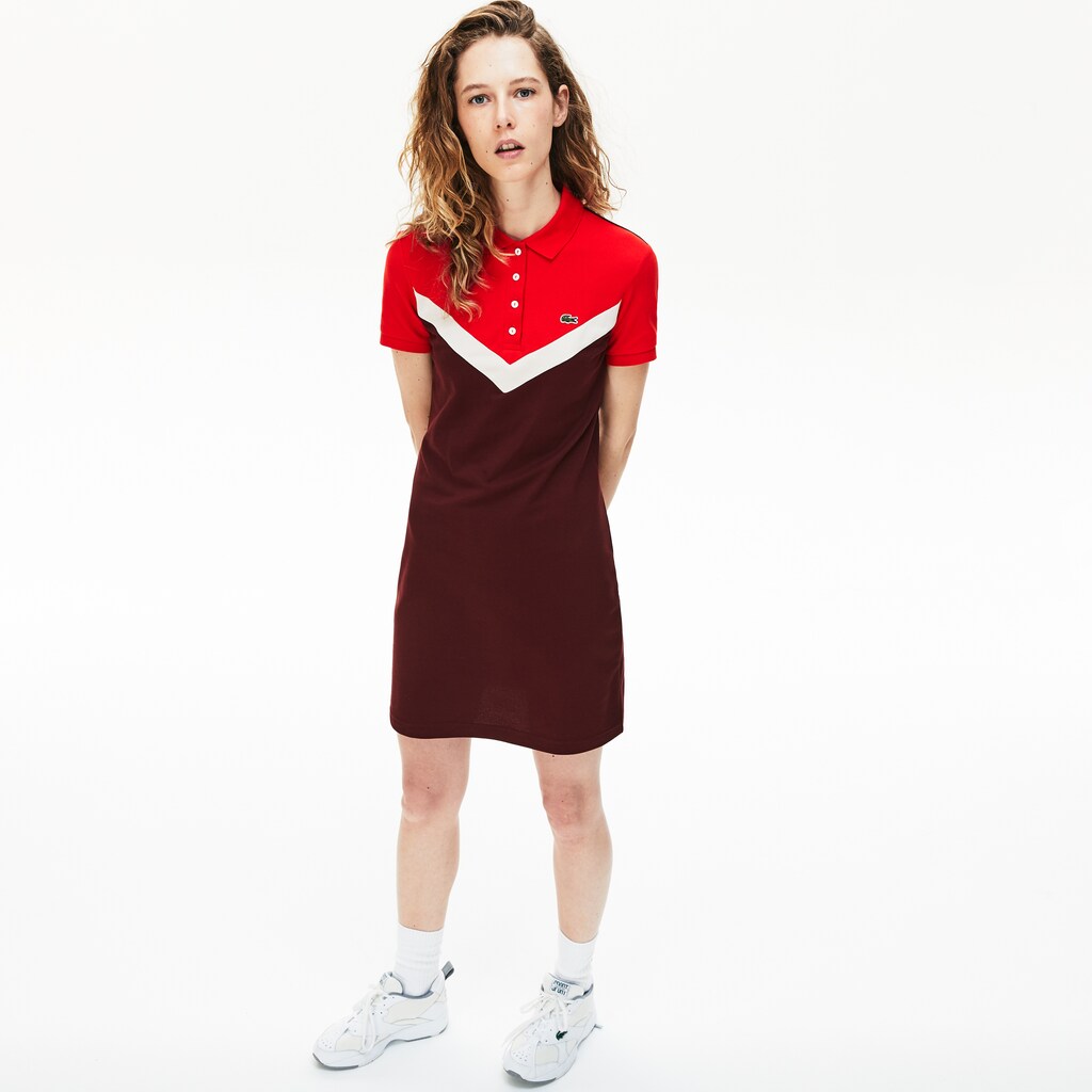 Womens Wo  Color-Blocked Stretch Cotton Polo Dress | Lacoste Bordeaux / Beige / Red • R9B