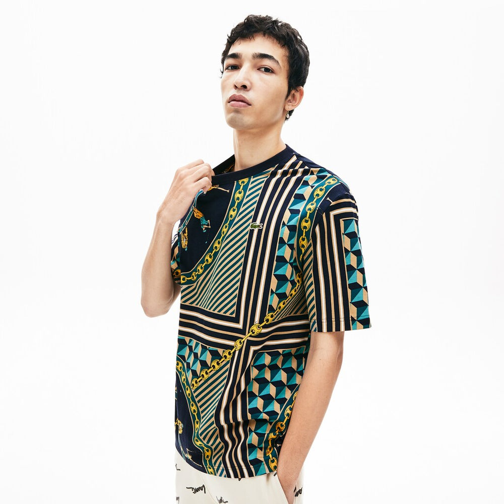 Mens   LIVE Scarf-Print Cotton T-Shirt | Lacoste Navy Blue / White • Qrn