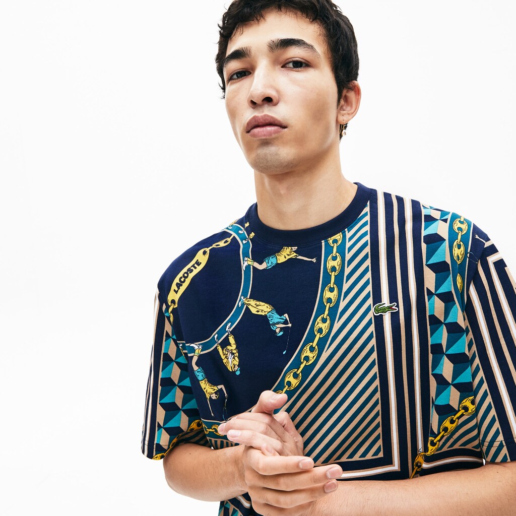 Mens   LIVE Scarf-Print Cotton T-Shirt | Lacoste Navy Blue / White • Qrn