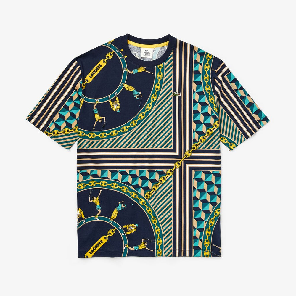 Mens   LIVE Scarf-Print Cotton T-Shirt | Lacoste Navy Blue / White • Qrn