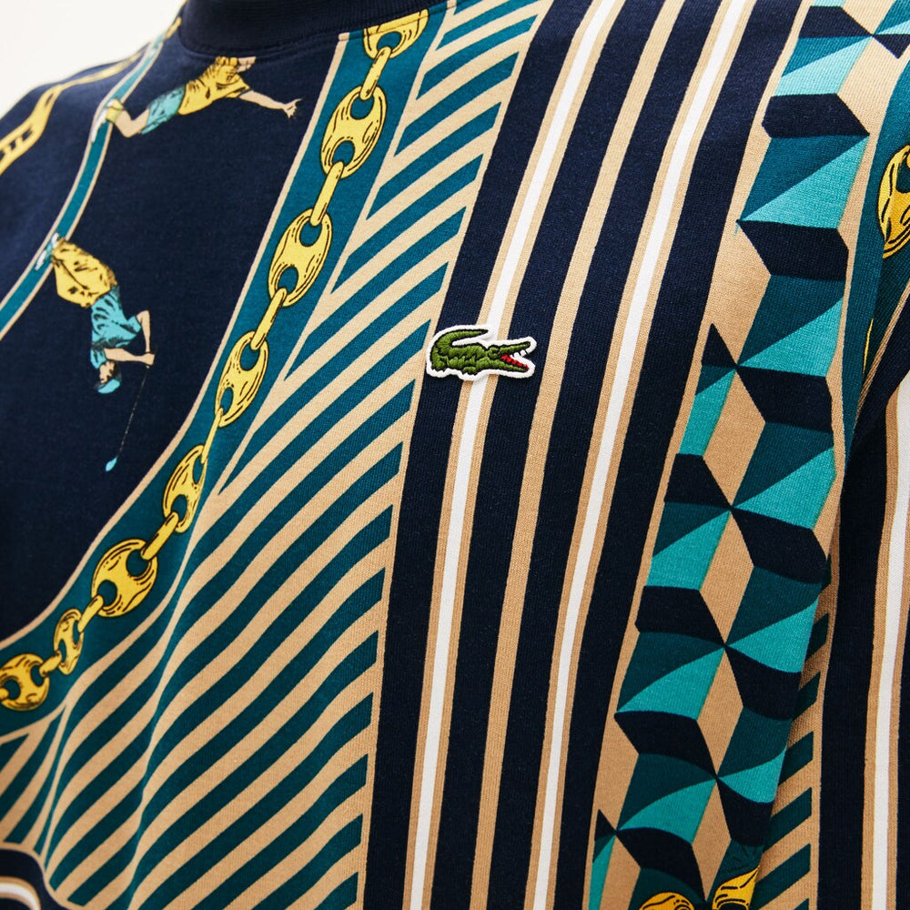 Mens   LIVE Scarf-Print Cotton T-Shirt | Lacoste Navy Blue / White • Qrn