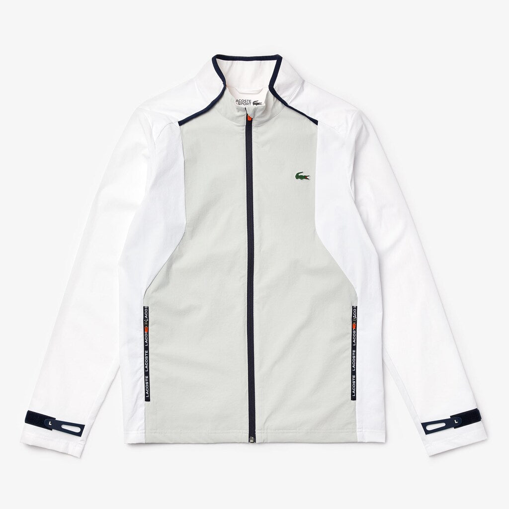 Mens   SPORT Light Water-Resistant Zip Golf Jacket | Lacoste White / Light Grey / Navy Blue / Red • Xu7