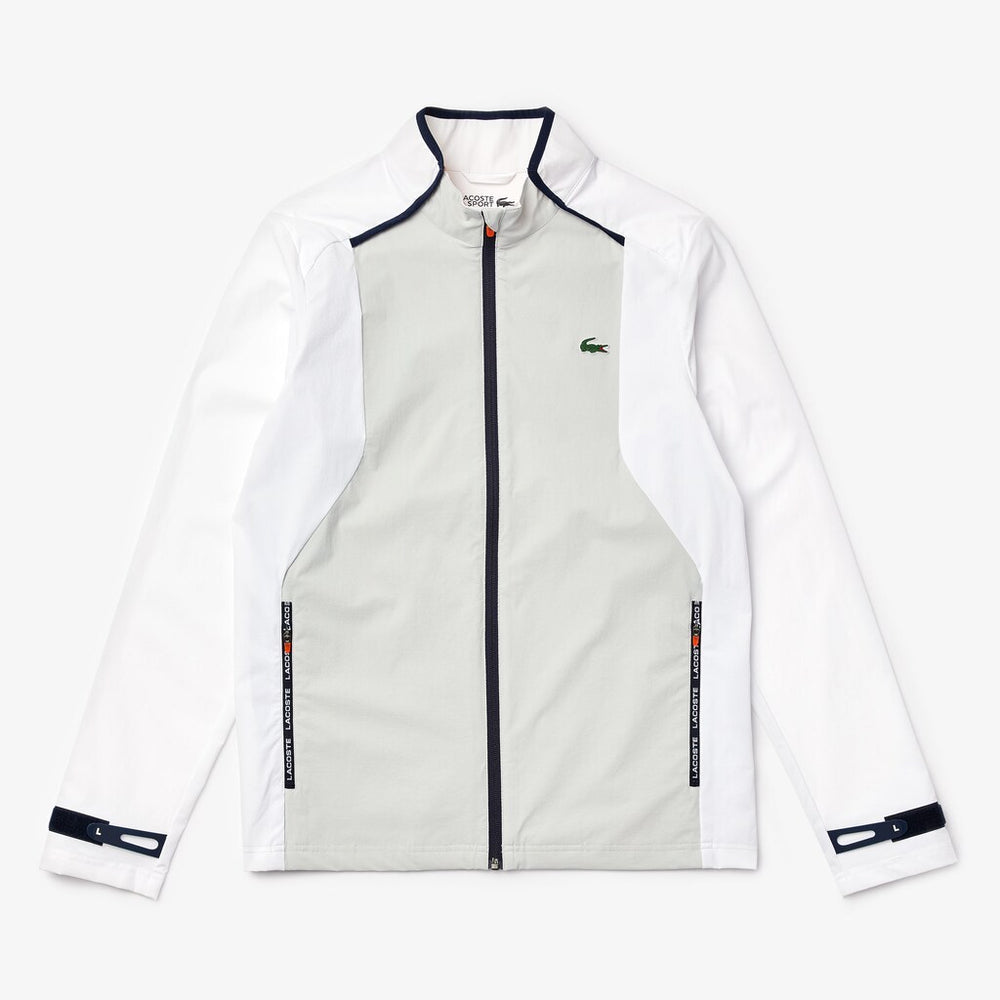 Mens   SPORT Light Water-Resistant Zip Golf Jacket | Lacoste White / Light Grey / Navy Blue / Red • Xu7