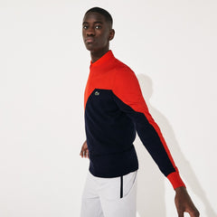 Mens   SPORT Breathable Knit Crew Neck Golf Sweater | Lacoste Red / Navy Blue • 145
