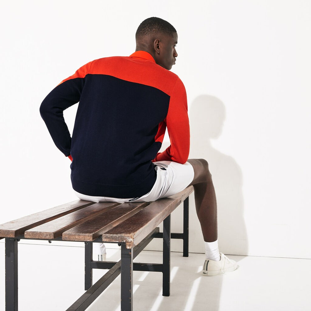Mens   SPORT Breathable Knit Crew Neck Golf Sweater | Lacoste Red / Navy Blue • 145