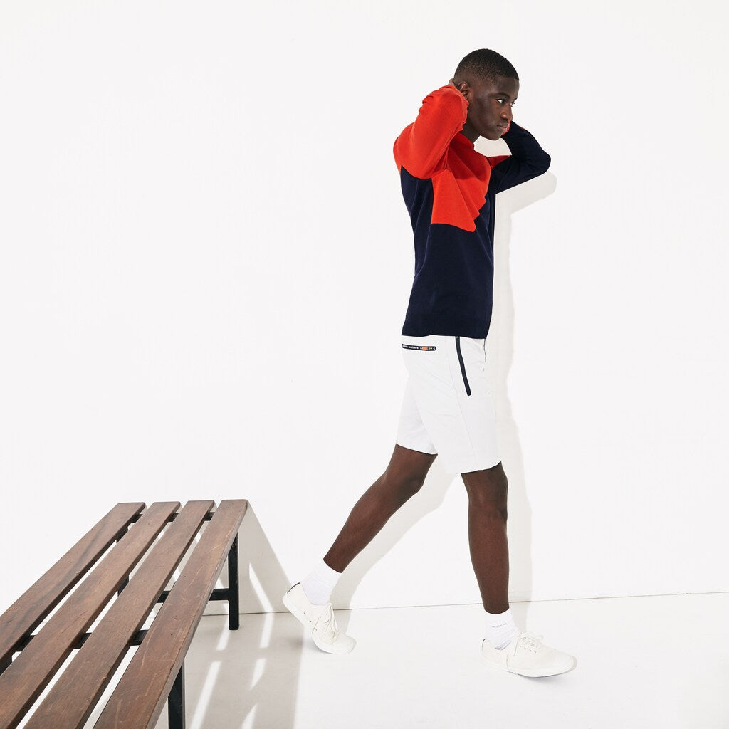 Mens   SPORT Breathable Knit Crew Neck Golf Sweater | Lacoste Red / Navy Blue • 145