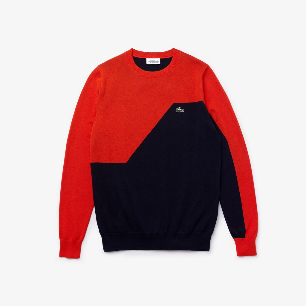Mens   SPORT Breathable Knit Crew Neck Golf Sweater | Lacoste Red / Navy Blue • 145