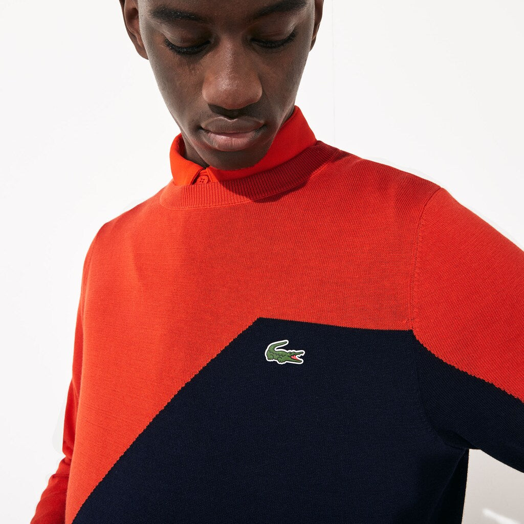 Mens   SPORT Breathable Knit Crew Neck Golf Sweater | Lacoste Red / Navy Blue • 145