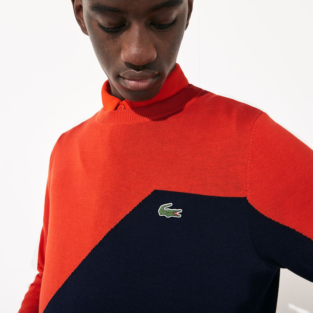 Mens   SPORT Breathable Knit Crew Neck Golf Sweater | Lacoste Red / Navy Blue • 145