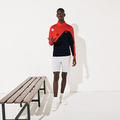 Mens   SPORT Breathable Knit Crew Neck Golf Sweater | Lacoste Red / Navy Blue • 145