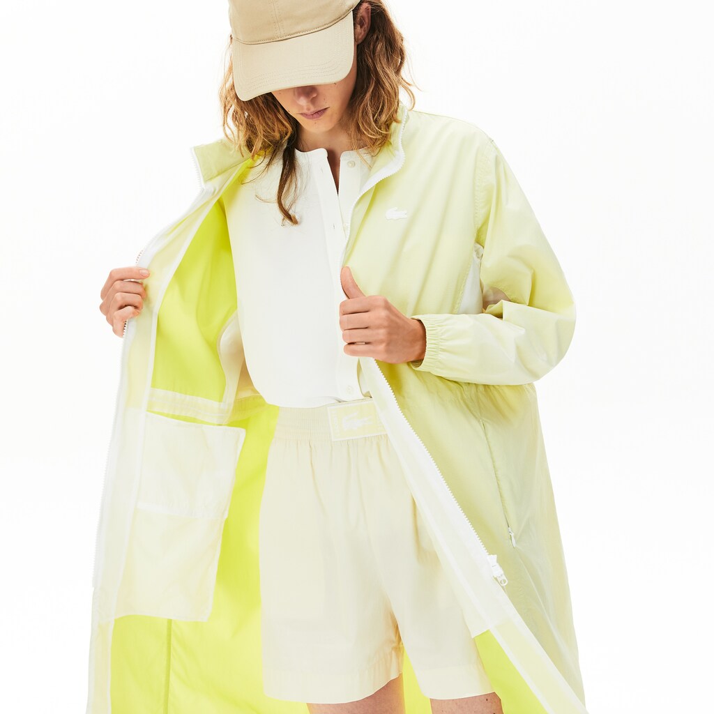 Womens Wo  Water-Resistant Long Nylon Parka | Lacoste White / Flashy Yellow • Xe8