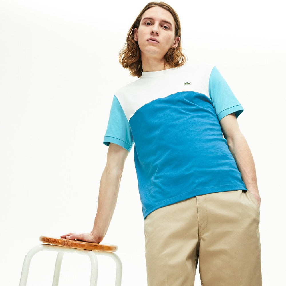 Mens   Colorblock Regular Fit Cotton Jersey T-shirt | Lacoste Blue / White / Turquoise • Tyh