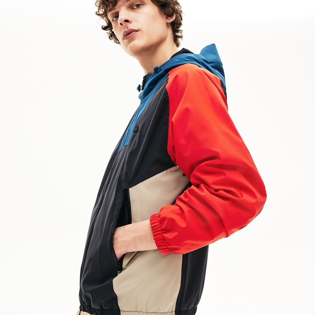 Mens   Motion Water-Resistant Colorblock Zip Jacket | Lacoste Dark Grey / Navy Blue / Red / Beige • Wbe