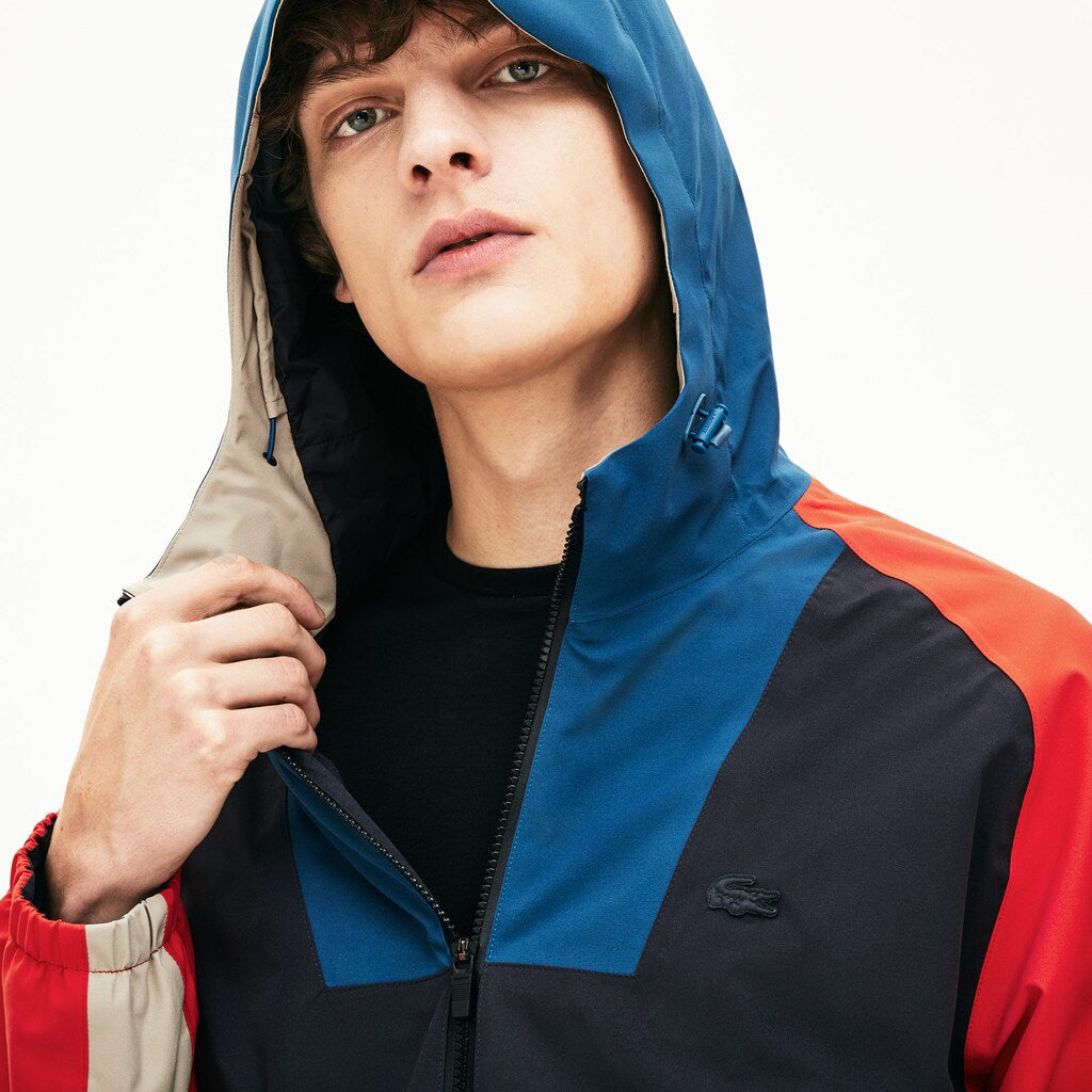 Mens   Motion Water-Resistant Colorblock Zip Jacket | Lacoste Dark Grey / Navy Blue / Red / Beige • Wbe