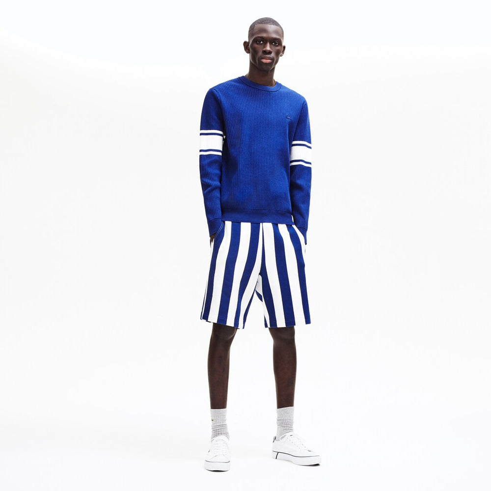 Mens   Striped Sleeves Cotton And Linen Blend Crew Neck Sweater | Lacoste Navy Blue / White • Ru0