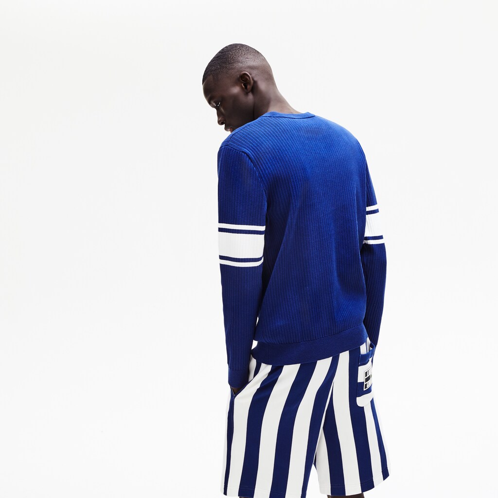 Mens   Striped Sleeves Cotton And Linen Blend Crew Neck Sweater | Lacoste Navy Blue / White • Ru0
