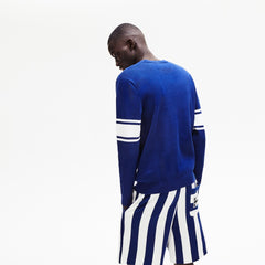 Mens   Striped Sleeves Cotton And Linen Blend Crew Neck Sweater | Lacoste Navy Blue / White • Ru0