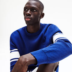 Mens   Striped Sleeves Cotton And Linen Blend Crew Neck Sweater | Lacoste Navy Blue / White • Ru0
