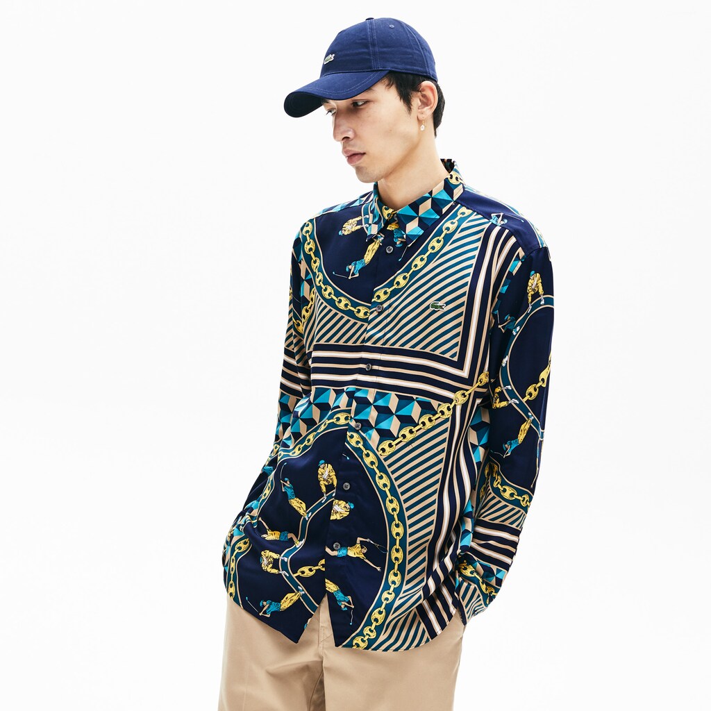 Mens   LIVE Relaxed Fit Scarf-Print Shirt | Lacoste Navy Blue / White • Qrn