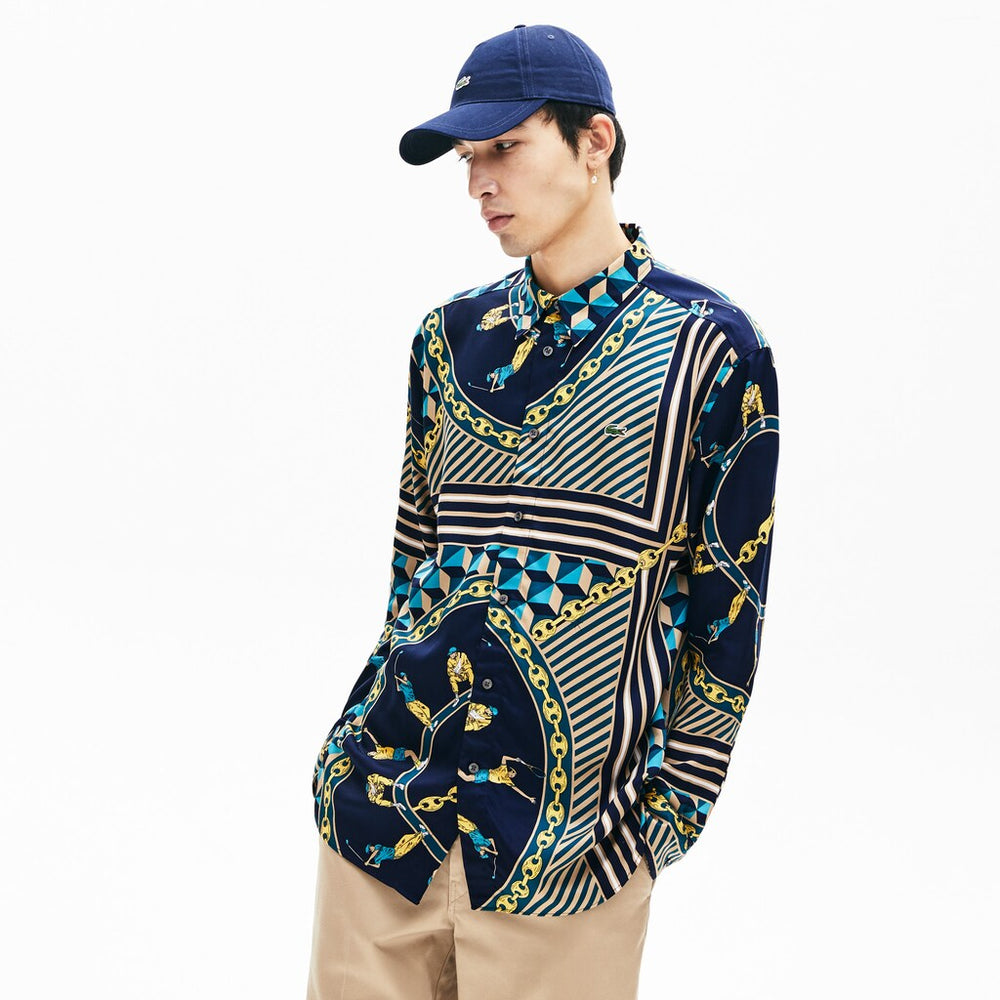 Mens   LIVE Relaxed Fit Scarf-Print Shirt | Lacoste Navy Blue / White • Qrn