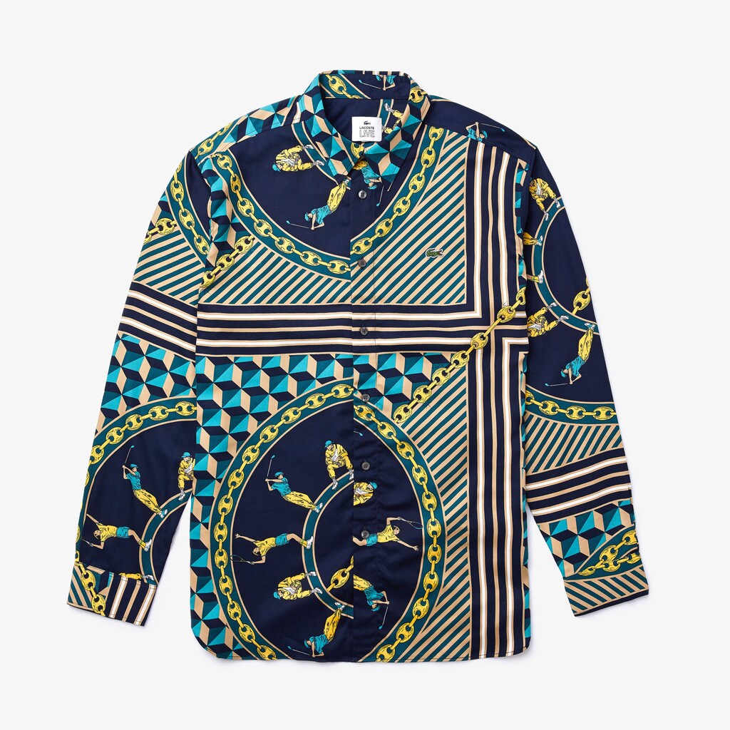 Mens   LIVE Relaxed Fit Scarf-Print Shirt | Lacoste Navy Blue / White • Qrn