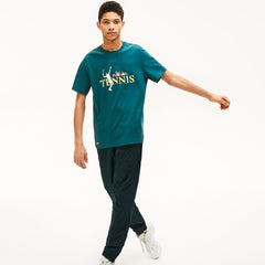 Mens/Womens Unisex LIVE Tennis-Print Cotton T-Shirt | Lacoste Green / White • Mwz