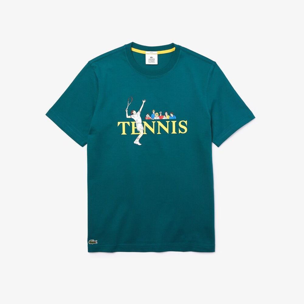 Mens/Womens Unisex LIVE Tennis-Print Cotton T-Shirt | Lacoste Green / White • Mwz
