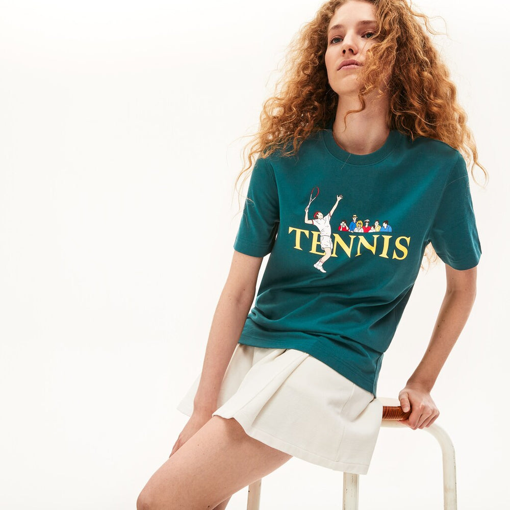 Mens/Womens Unisex LIVE Tennis-Print Cotton T-Shirt | Lacoste Green / White • Mwz